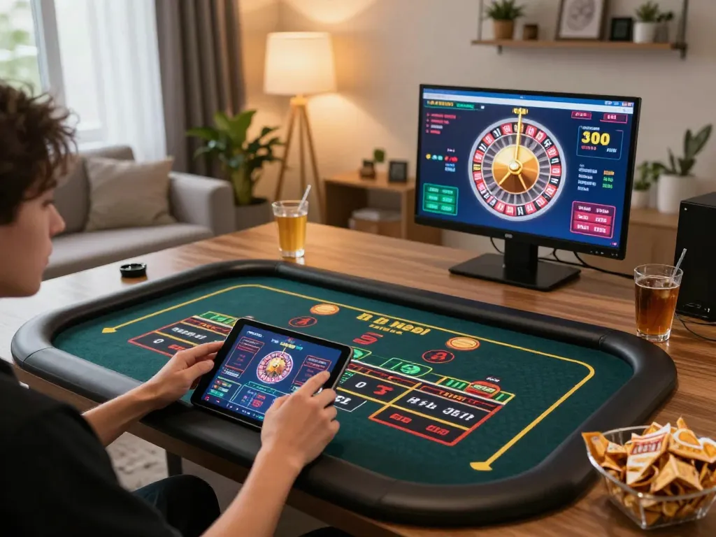 Player engaged in online gambling on bags168 tablet at cozy home setup with roulette game.