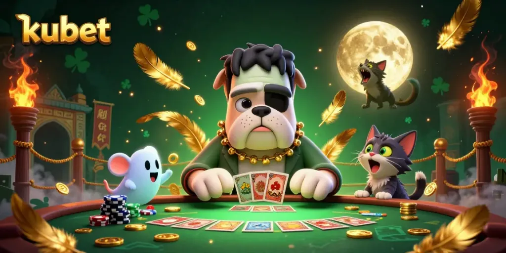 kubet themed illustration of a cartoon bulldog monster dealing cards, surrounded by coins and mystical elements