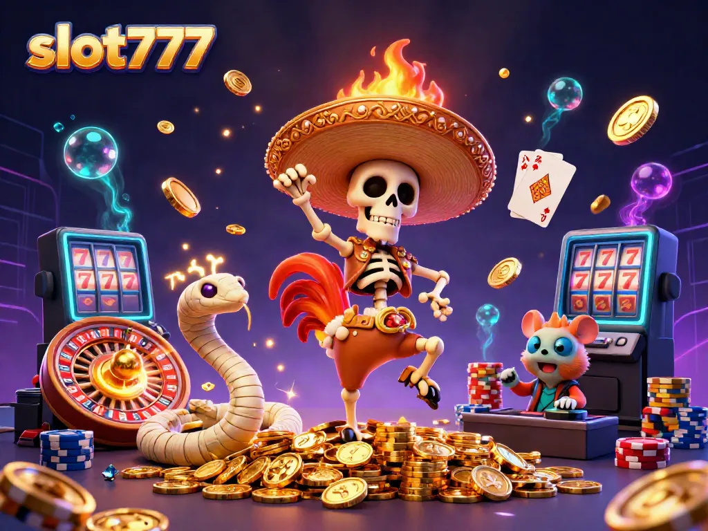 Win big with slot777 as a mariachi rooster dances atop golden coins in this vibrant 3D illustration.