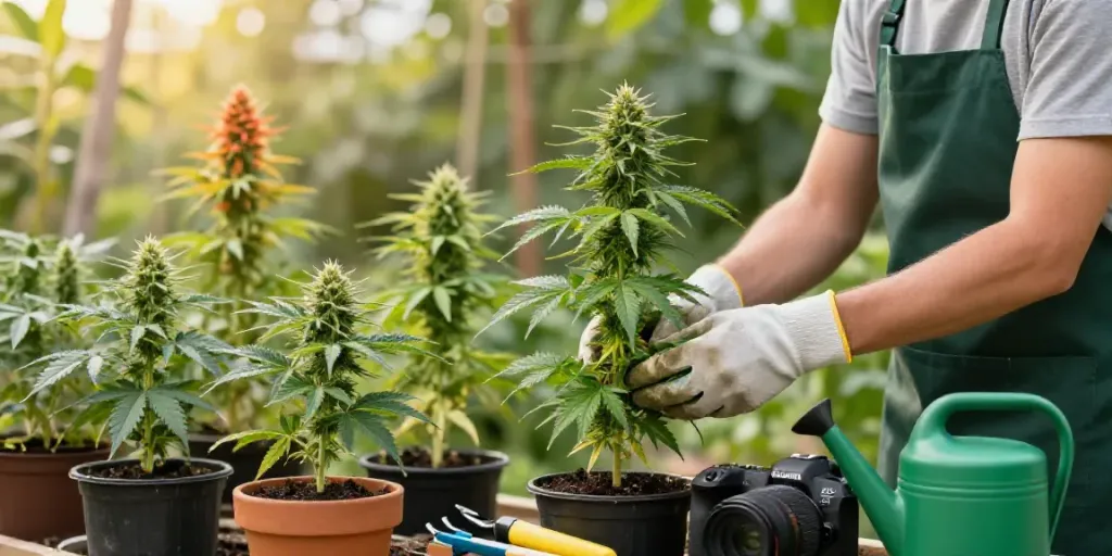 Cannabissamen kaufen experience in a vibrant outdoor garden with cannabis plants.