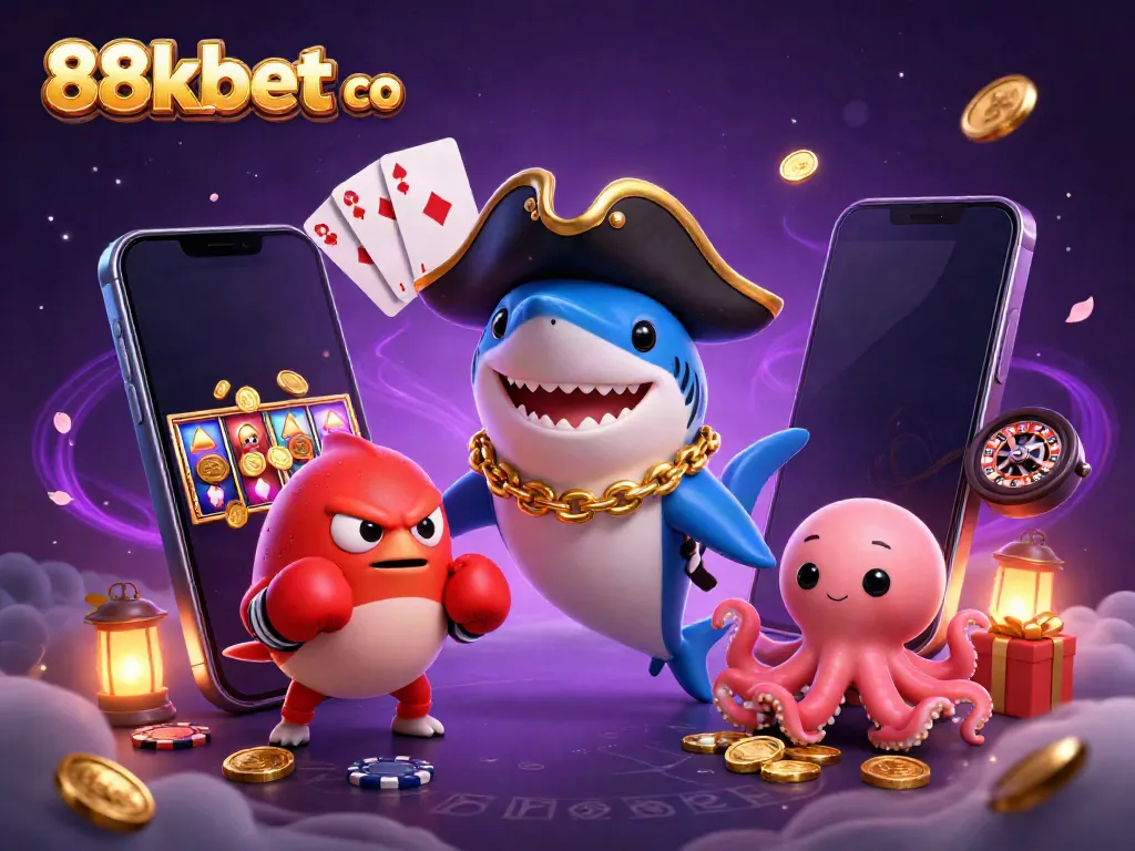 Engaging illustration showcases 88kbet co's dynamic gaming atmosphere with cute sea characters and thrilling slot action.