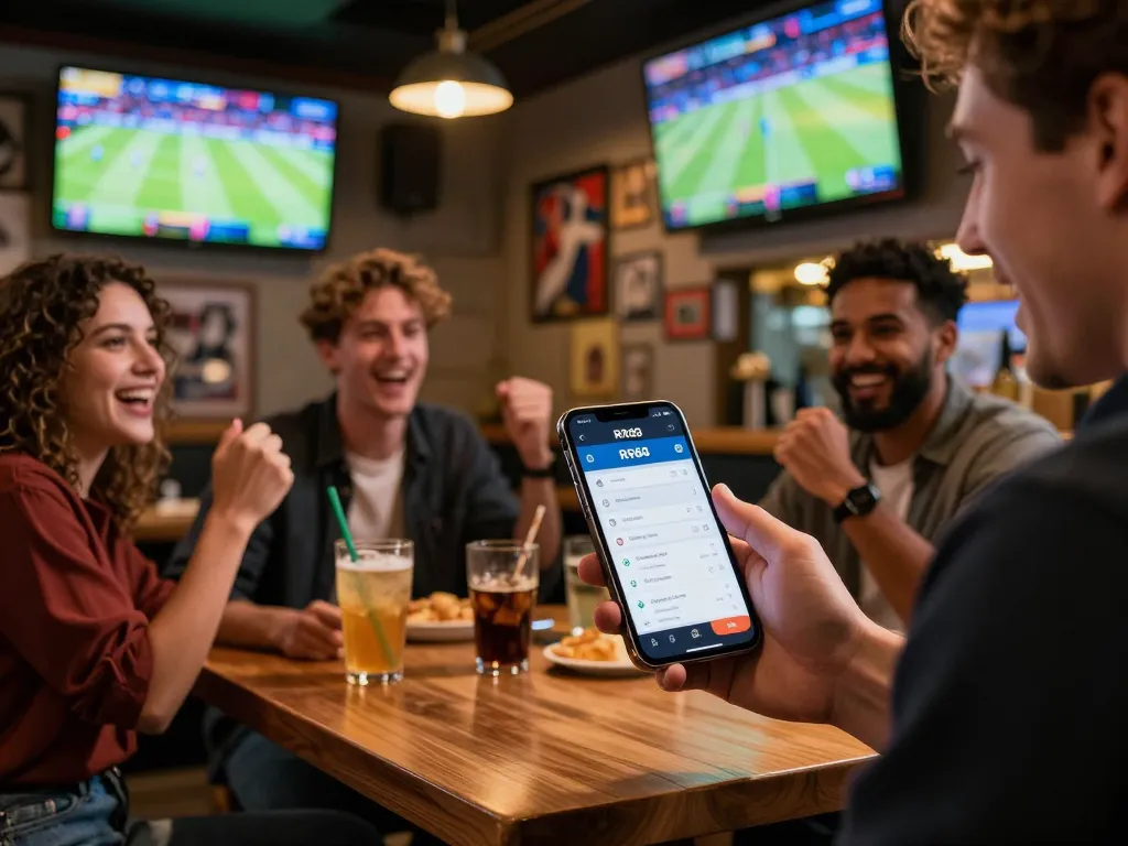 Experience the thrill of live sports betting with the RR88 app at a trendy sports bar