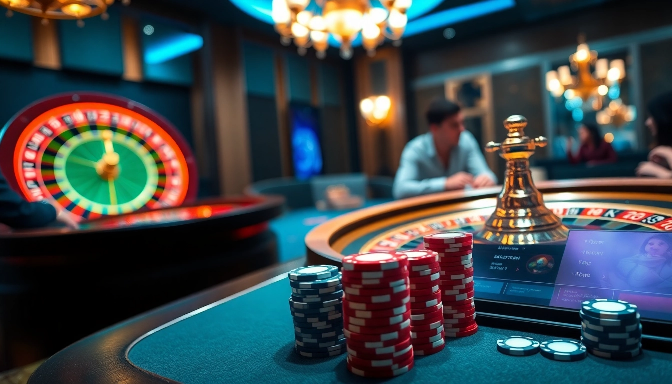 Experience the thrill at nhà cái s8, featuring a vibrant casino scene with roulette and poker chips.