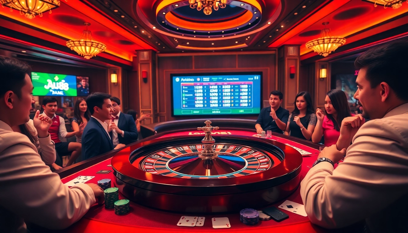 Experience the thrill of betting at AU88, featuring a lively casino scene with roulette and poker elements.