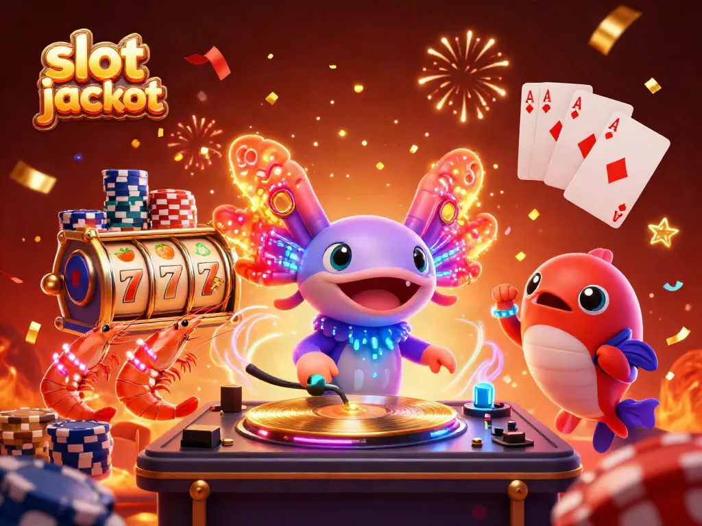 Dance with vibrant characters celebrating a slot jackpot in a lively casino scene.
