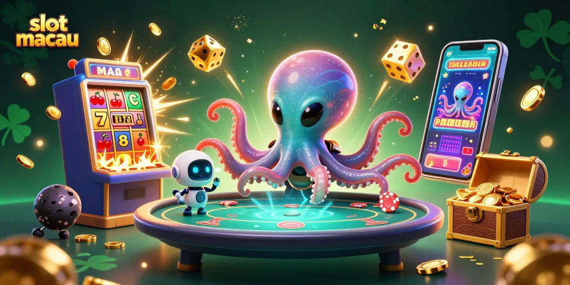 Experience the thrill of slot macau with a vibrant 3D illustration of an alien octopus at a poker table amid dazzling casino elements.