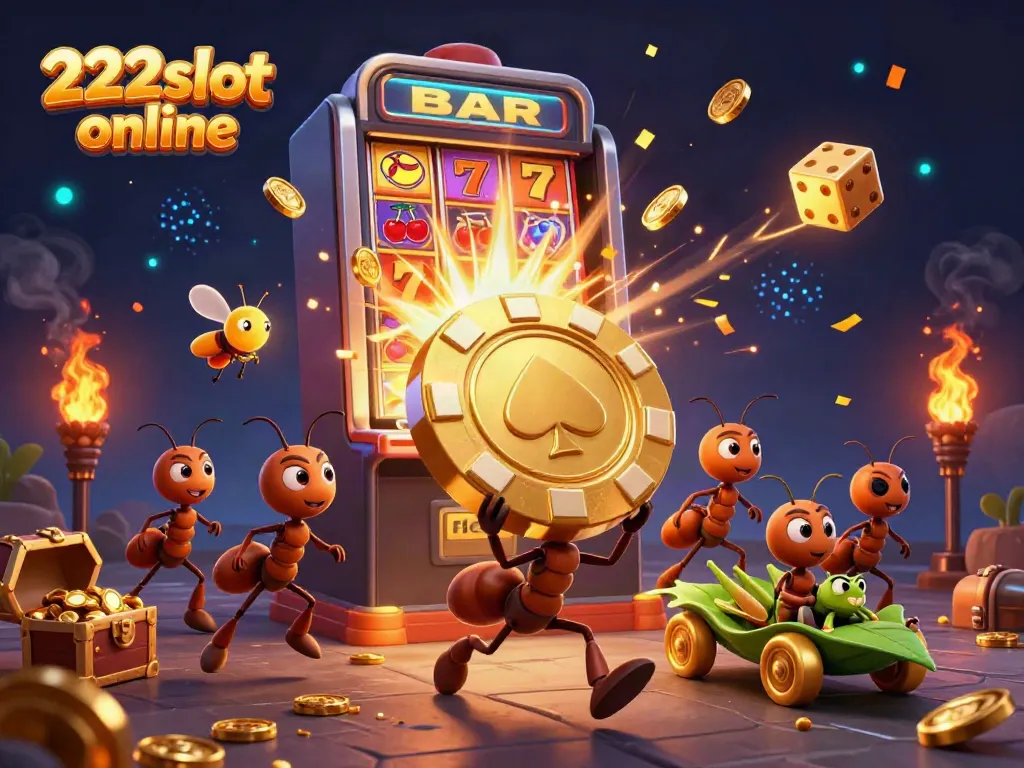 Pemain slot dan kerumunan karakter lucu dengan tema kasino di 222slot online.