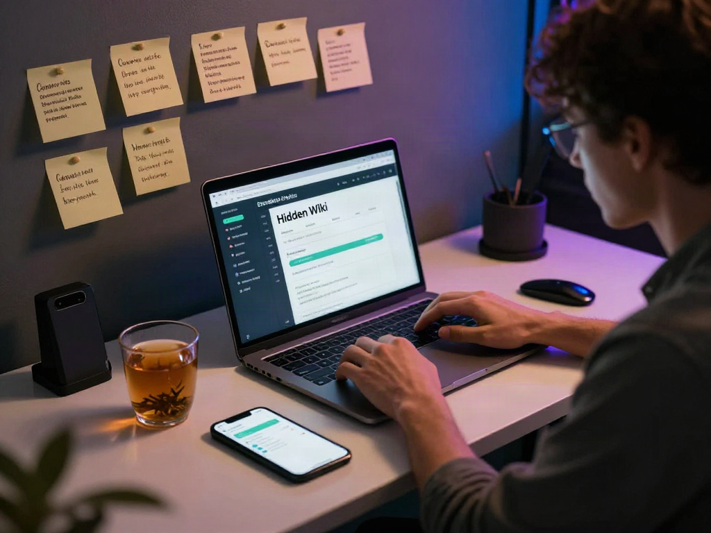 The hidden wiki dark web exploration scene with a person focused on a laptop amidst security notes and ambient lighting.