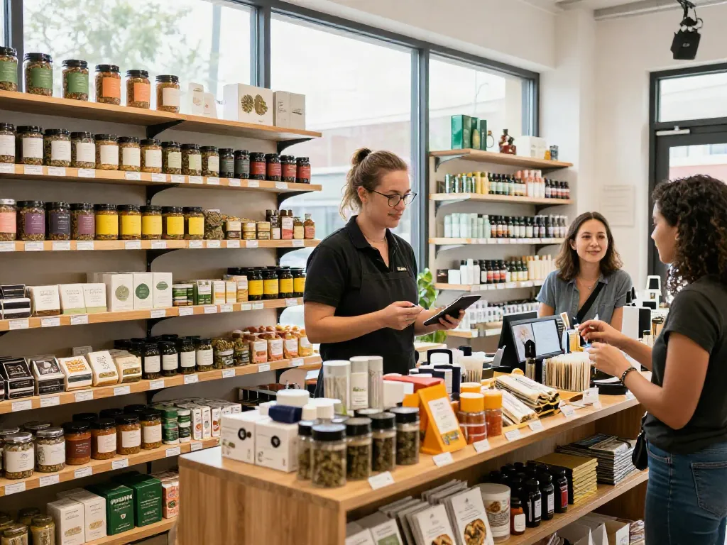 Dispensary showcase featuring quadzaza cannabis products and engaging customers.