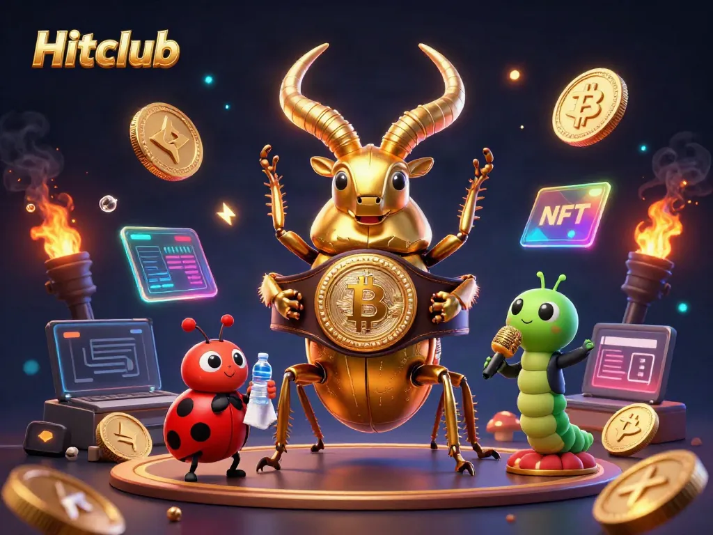 Experience Hitclub's thrilling atmosphere with a golden boxing beetle and crypto elements.
