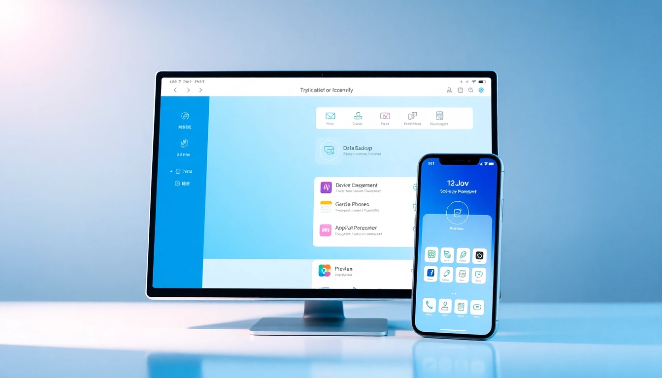 Love Assistant interface displayed on devices, showcasing iOS management features with a modern, professional design.
