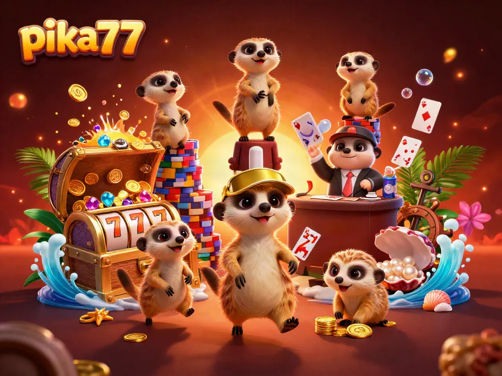 Experience excitement at pika77 with meerkats in a vibrant digital casino scene, showcasing ultimate fun.