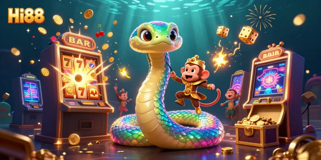 Engage in thrilling slots at Hi88, featuring vibrant illustrations of a rainbow serpent, slot machine, and golden treasures.