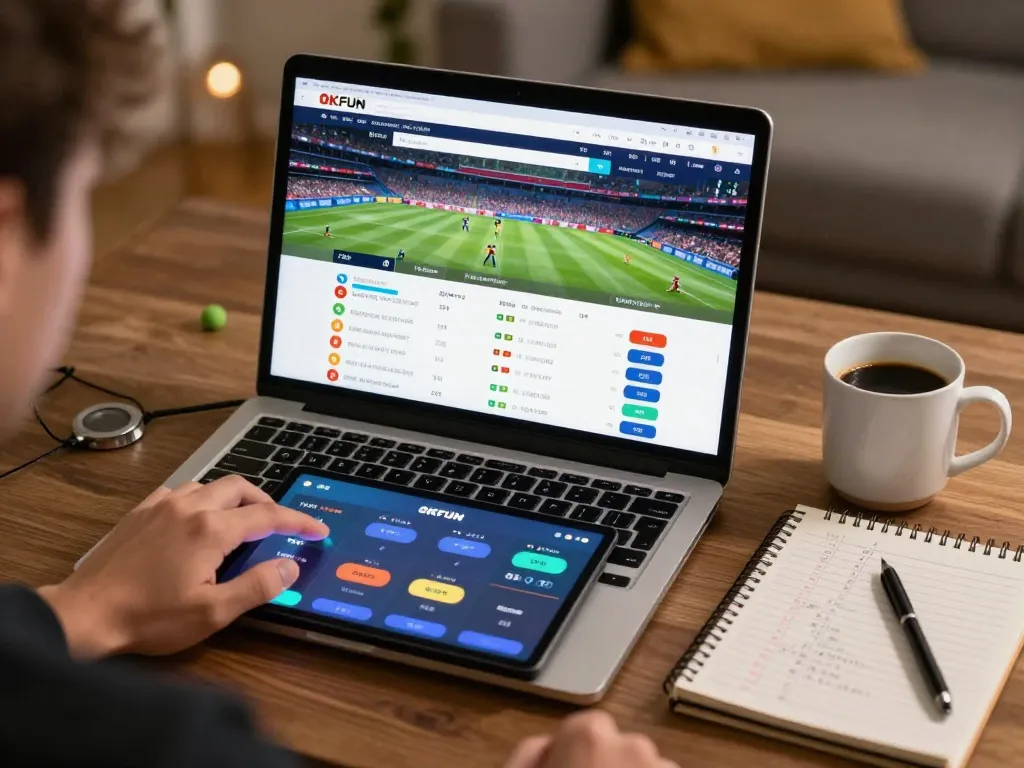 Engaging online betting session with OKFUN interface showcasing live sports odds and friendly home atmosphere.