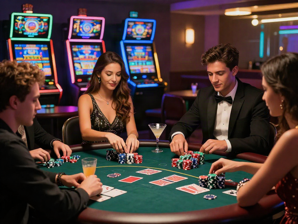 Luxury12 menawarkan pengalaman kasino modern yang mewah dengan teman-teman menikmati permainan kartu dan minuman di meja poker.
