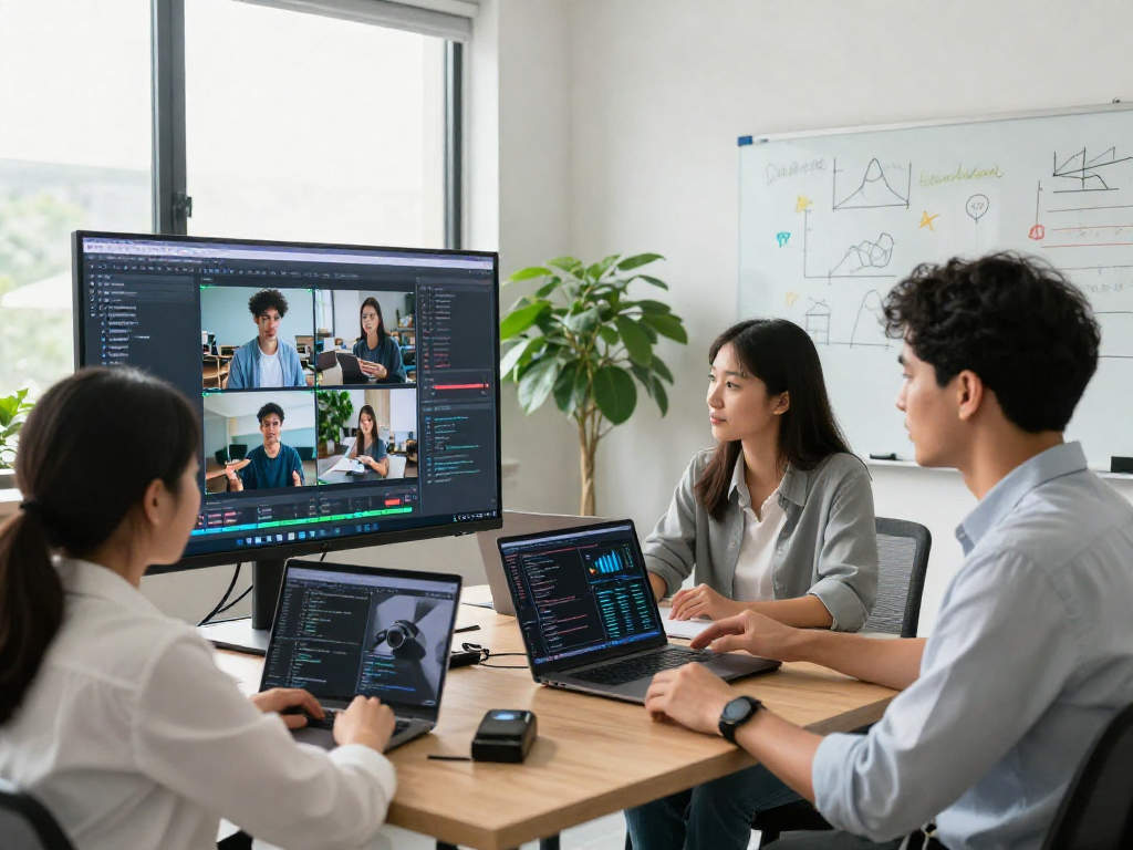 Detect AI image with a team analyzing content moderation strategies in a modern office.