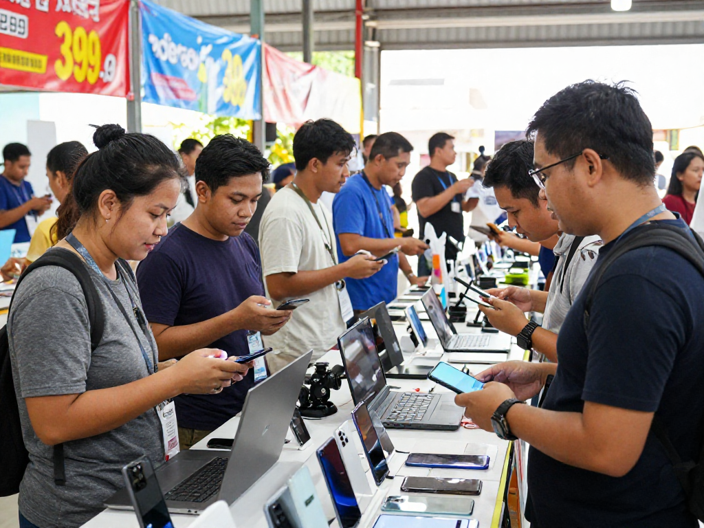 Shoppers engaging with suppliers at rokok88, exploring electronic gadgets in a vibrant marketplace.