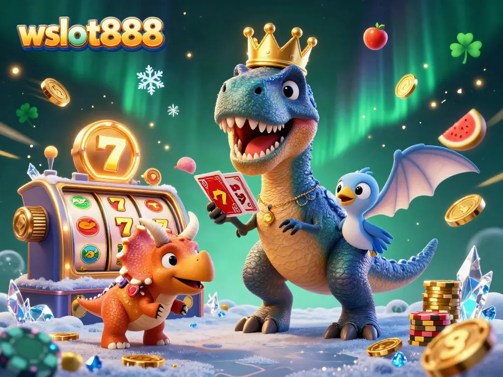 Menangkan jackpot seru dengan wslot888 dalam ilustrasi bermain slot bersama dinosaurus.
