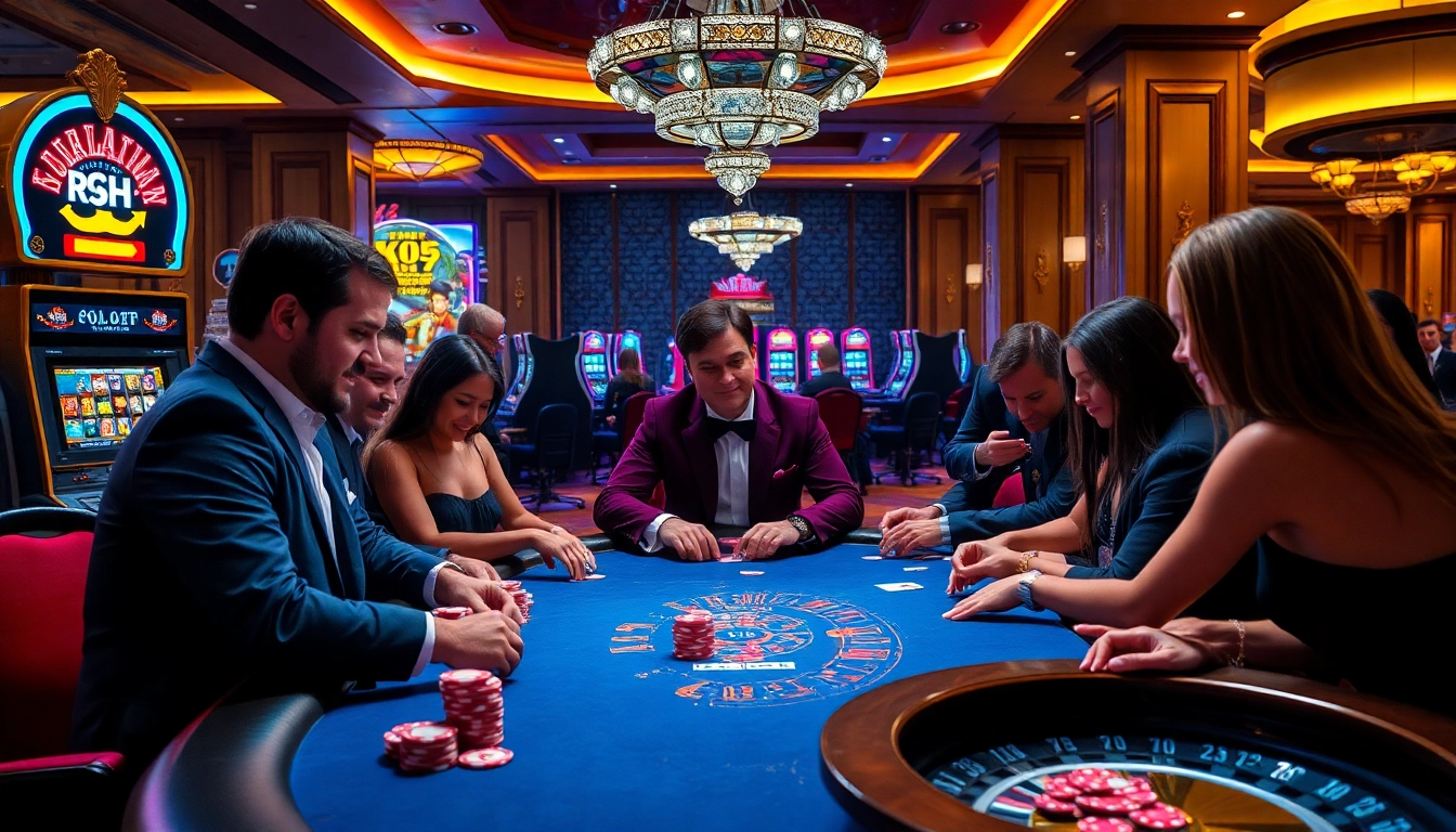 KJC casino atmosphere with intense poker game, dazzling slot machines, and roulette excitement.