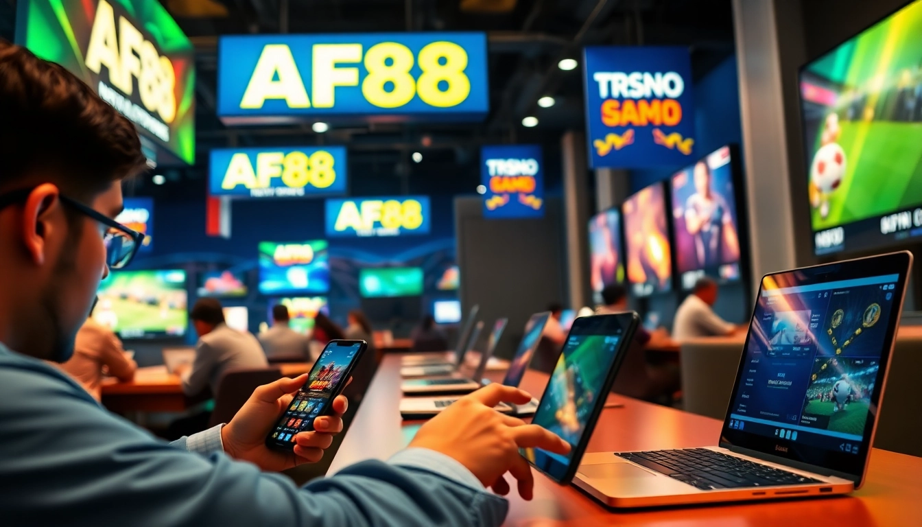 Engaging scene of users betting on AF88 online gaming platform showcasing excitement and trust.