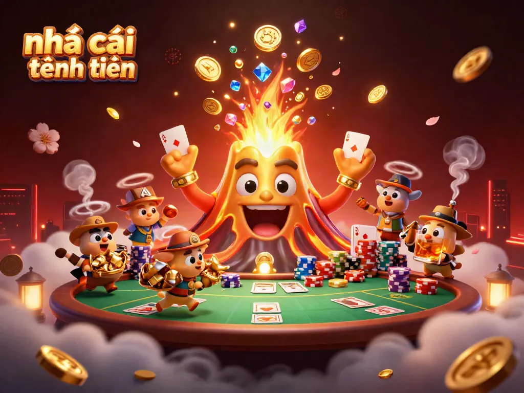 Engage in excitement with nhà cái tặng tiền as a golden volcano erupts treasures in a lively casino scene.