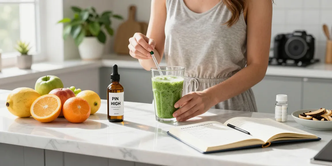 Natural wellness kitchen scene featuring Pin High hemp oil, fresh ingredients, and a healthy smoothie.