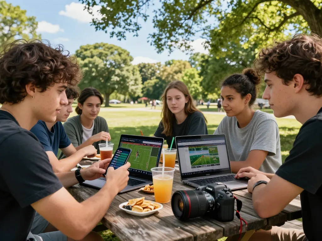 Friends engaging in a lively outdoor betting strategy discussion focused on 8kbet.