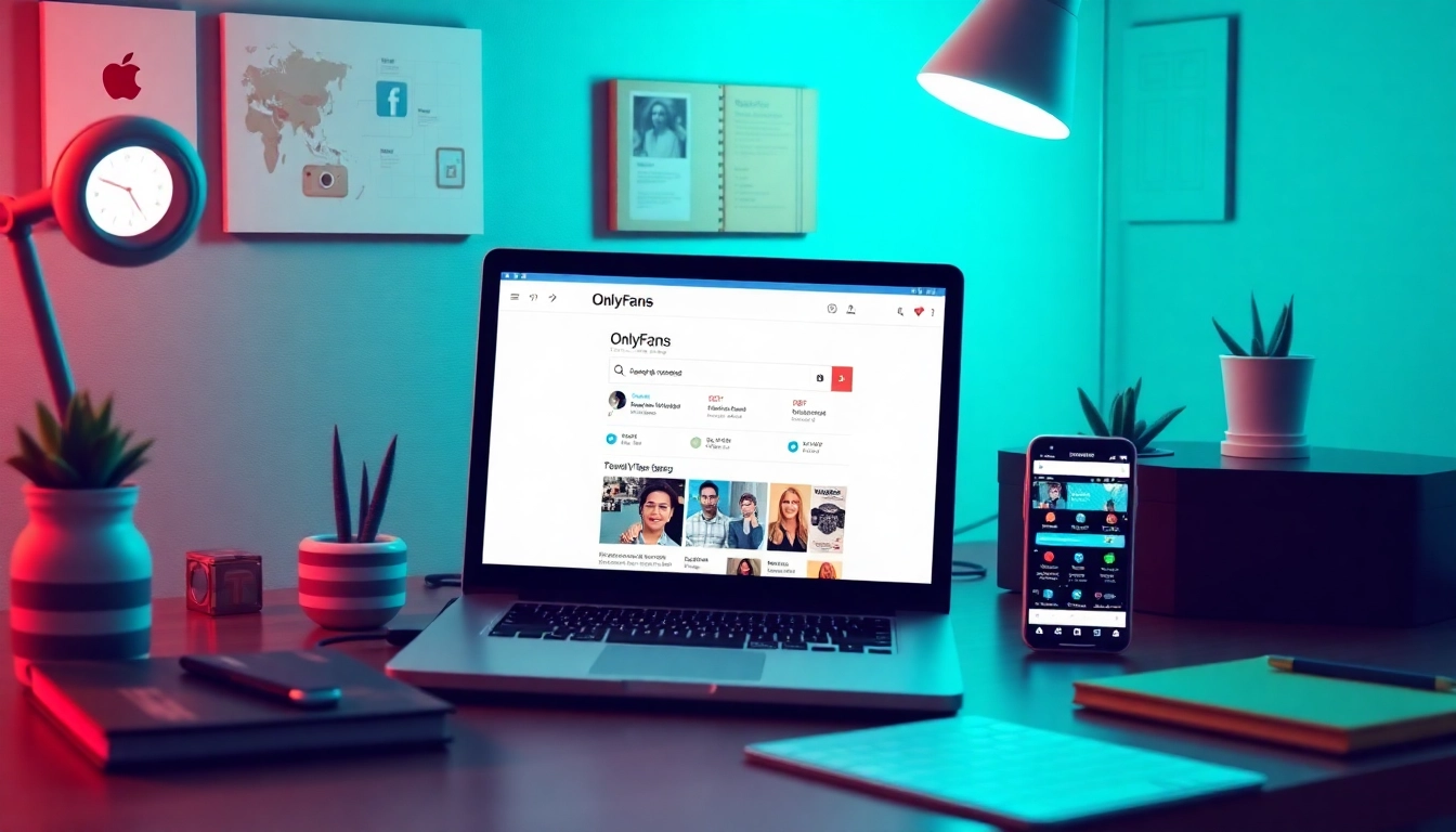 Search OnlyFans username interface displayed on a laptop in a modern workspace.