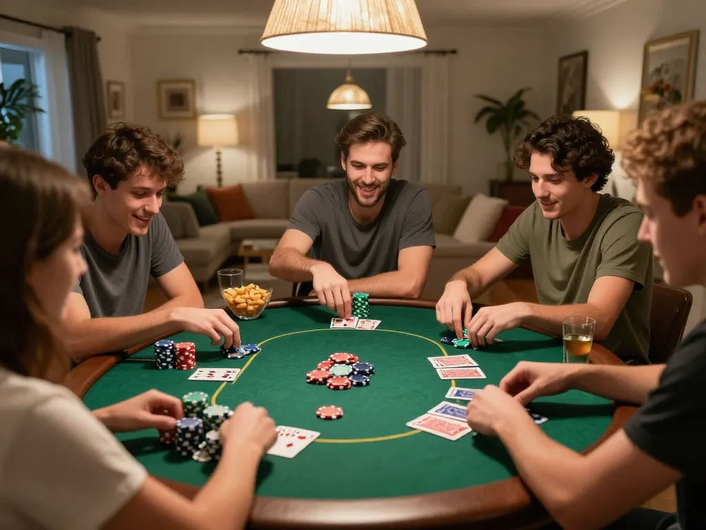 Friends enjoying a friendly poker game at home, highlighting Go8 gaming strategies.