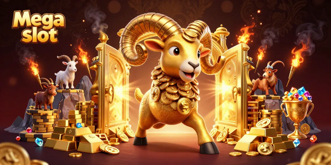 Menangkan slot mega dengan gambar 3D unik dari domba emas berlari menuju gerbang emas penuh harta.