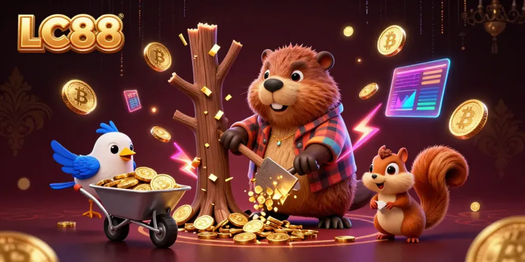 Experience the excitement of LC88 casino gaming with animated characters collecting gold coins and crypto symbols.