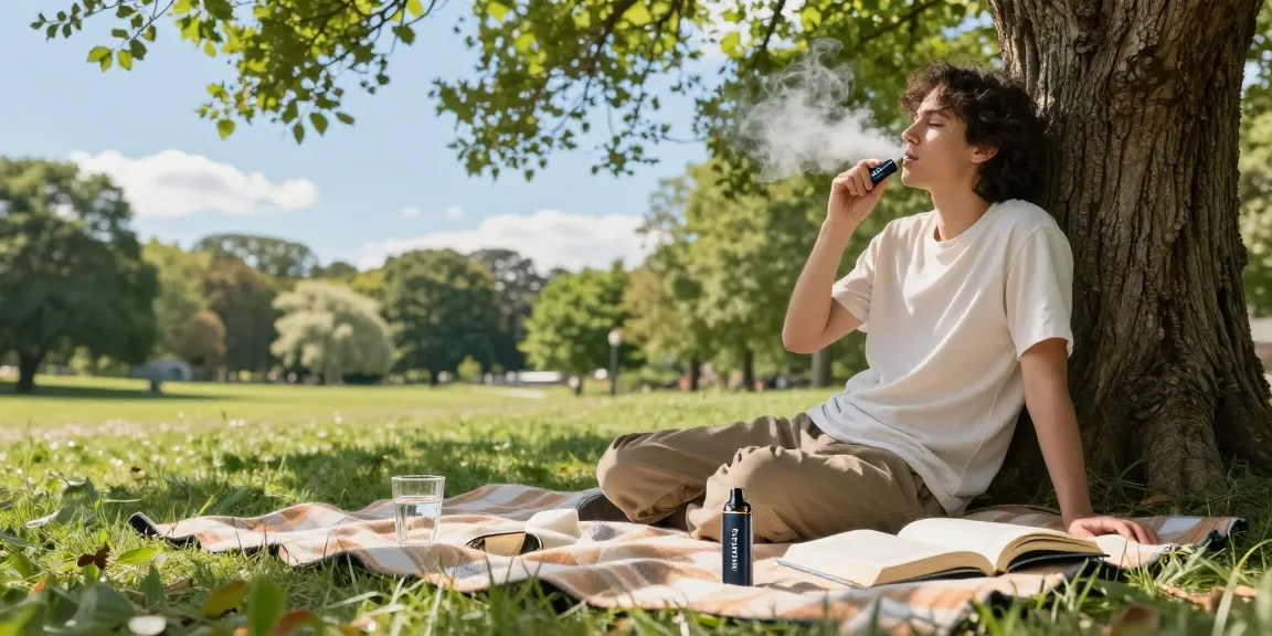 Pack man vape thc experience in a serene outdoor wellness moment with natural elements and hemp plant.