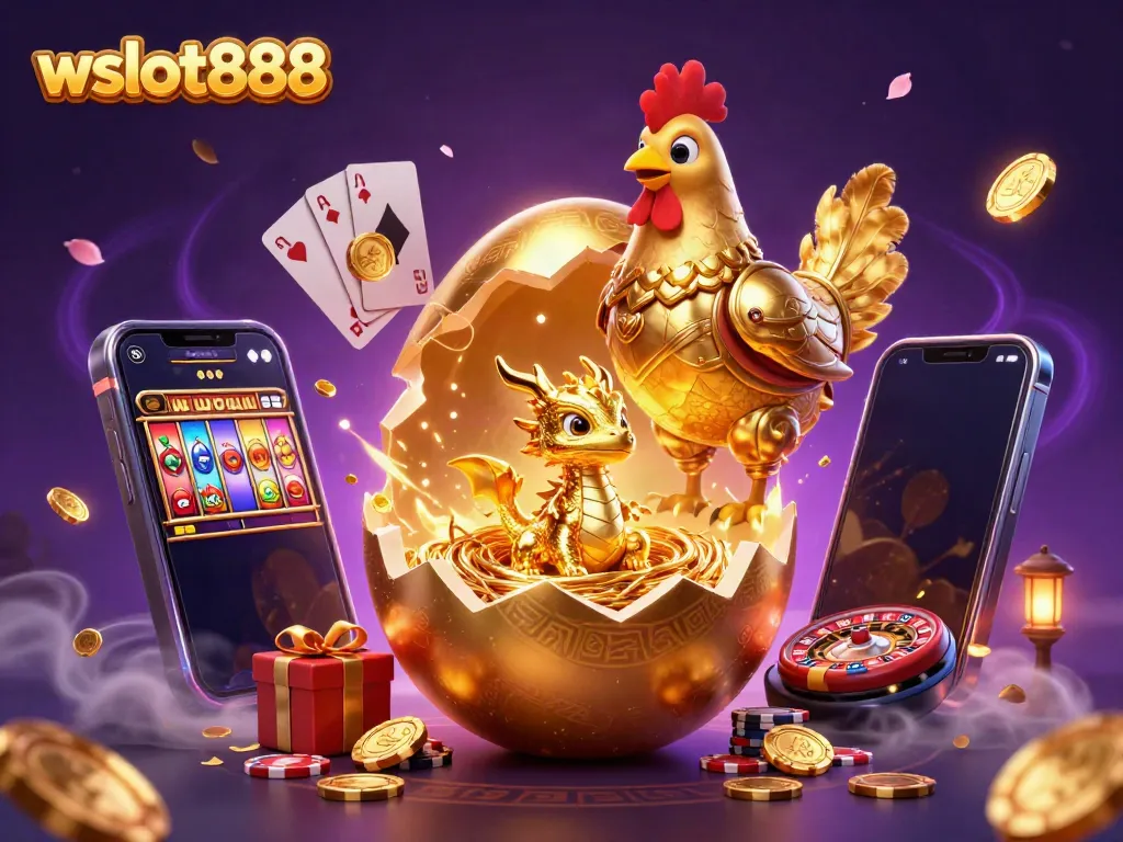 Permainan seru di wslot888, dengan naga emas dan chip poker dalam tampilan yang menarik