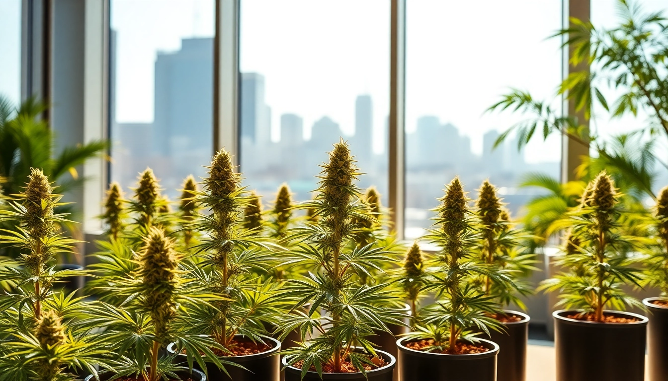 Illustration of uk weed telegram with cannabis plants thriving in a modern urban environment.