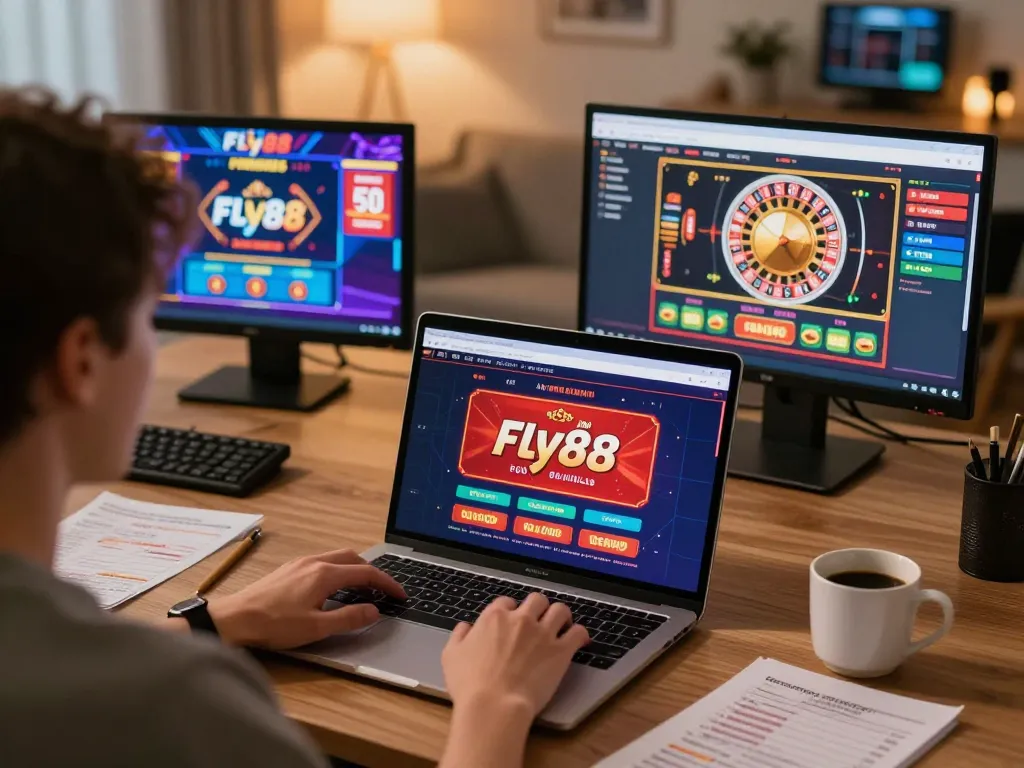 Engaging in online betting strategies with Fly88 in a cozy home gaming setup.