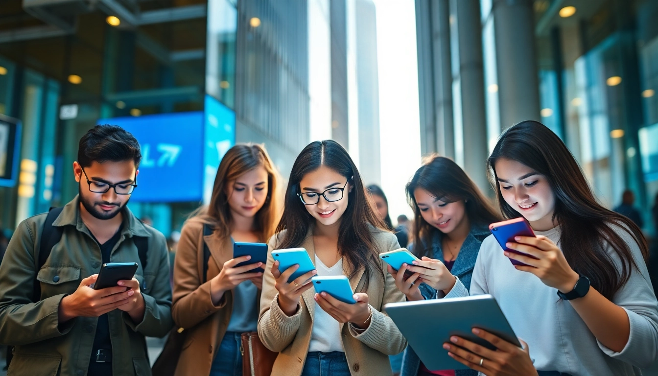Engaged users exploring Telegram中文版 on various devices in a modern urban setting.