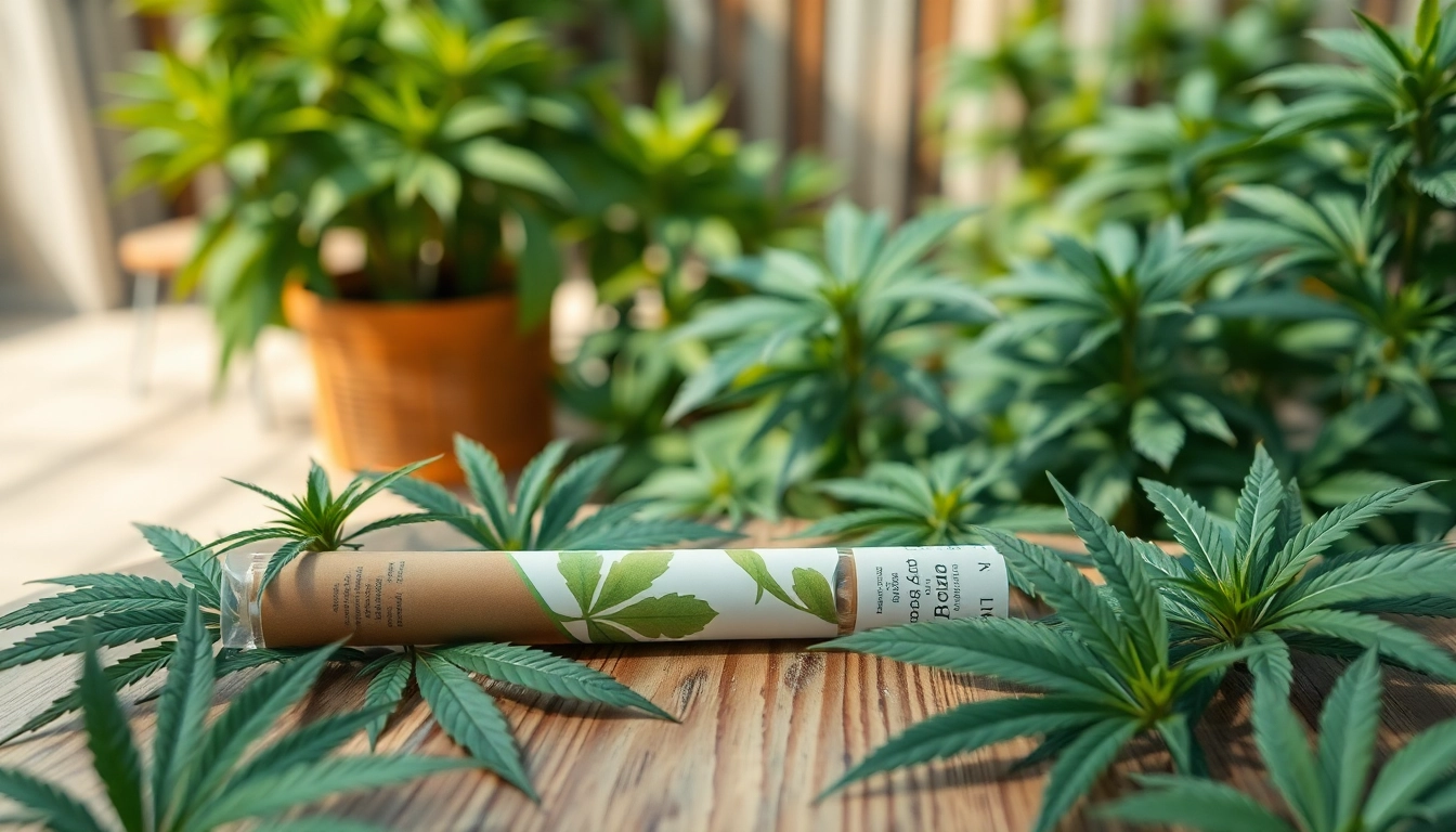 Enhance your branding with quality pre-roll packaging on a rustic table surrounded by cannabis leaves.