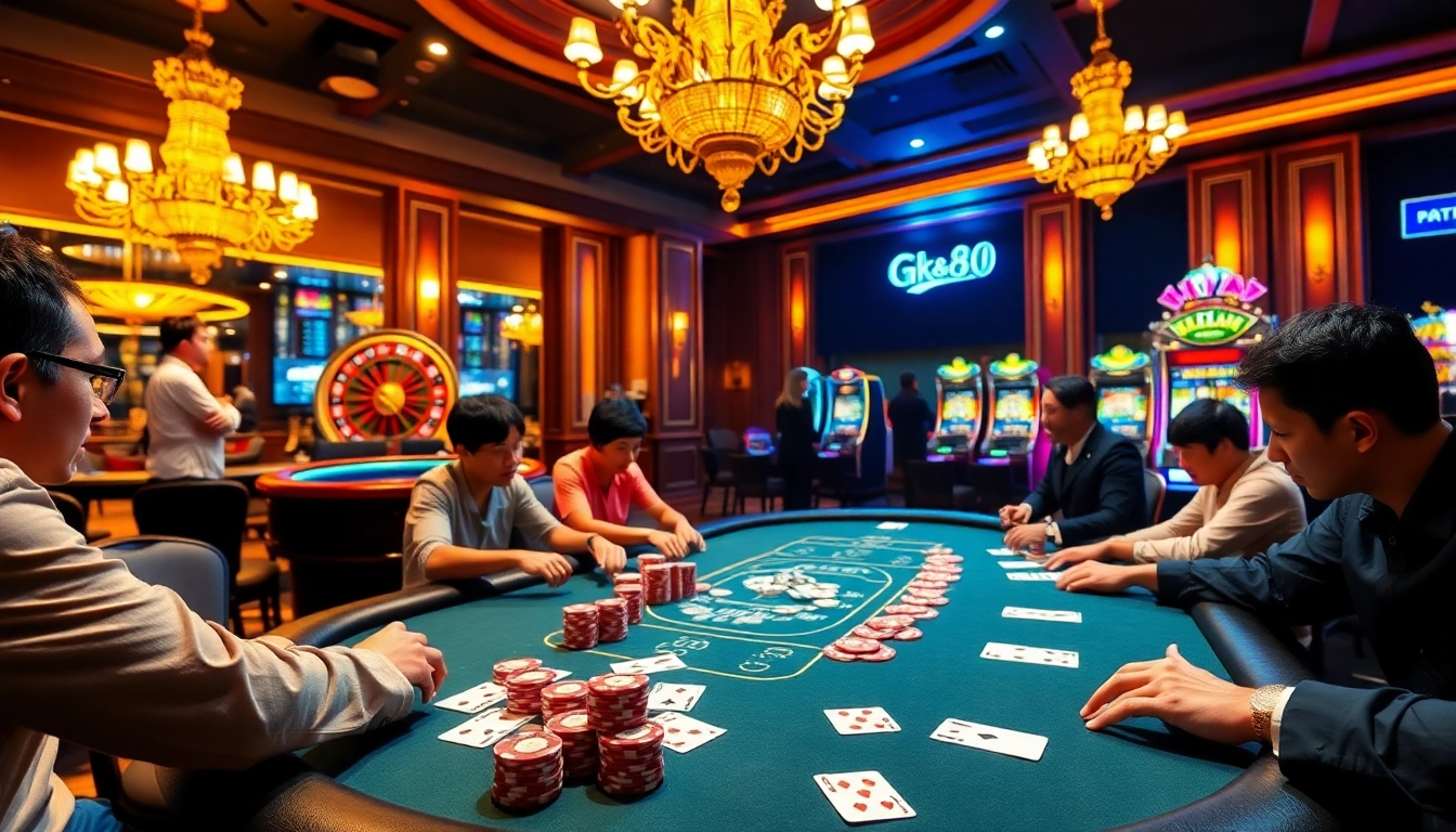 Players engaged in a high-stakes game at Gk88 casino, showcasing vibrant poker chips and cards in a luxurious setting.