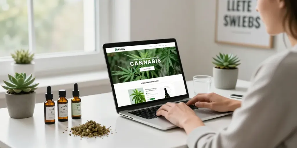 Buy weed online UK with a person shopping for cannabis products in a bright home office.