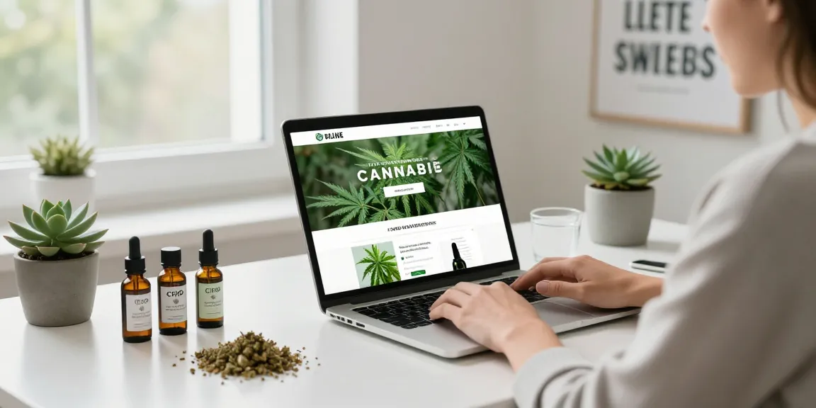 Buy weed online UK with a person shopping for cannabis products in a bright home office.