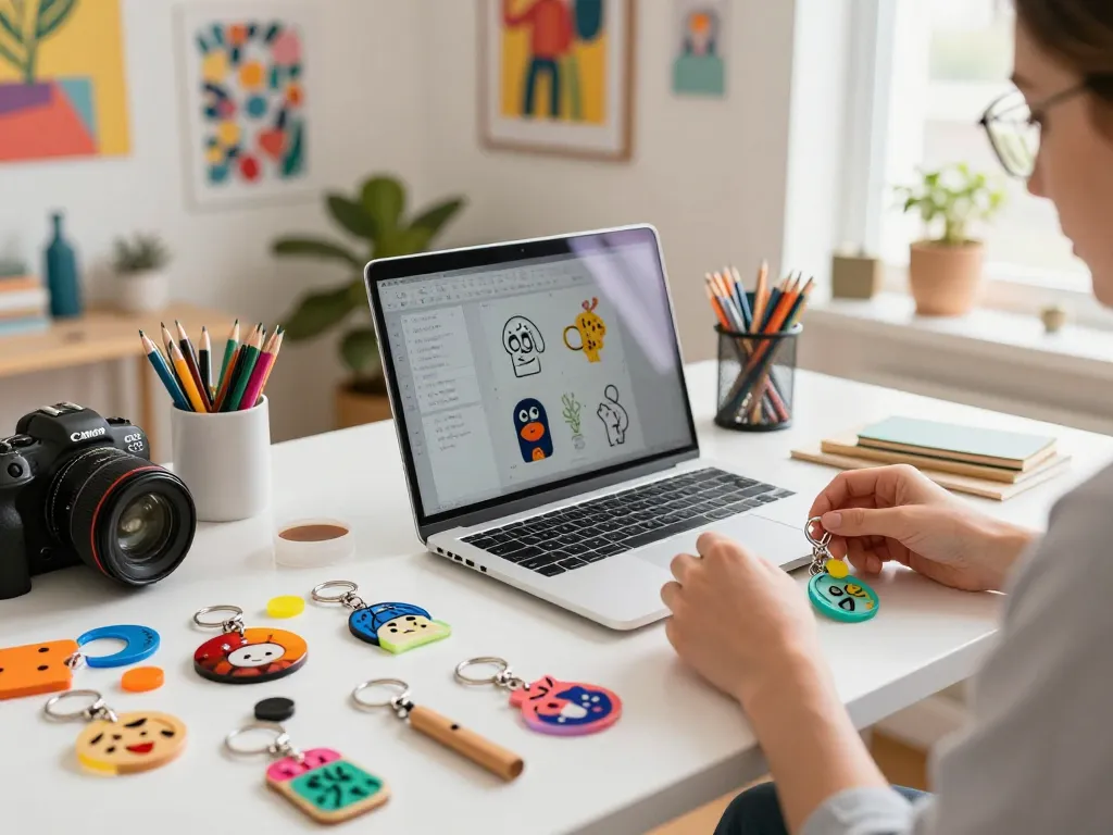 Creating customized keychains in a bright home office with unique designs and materials.