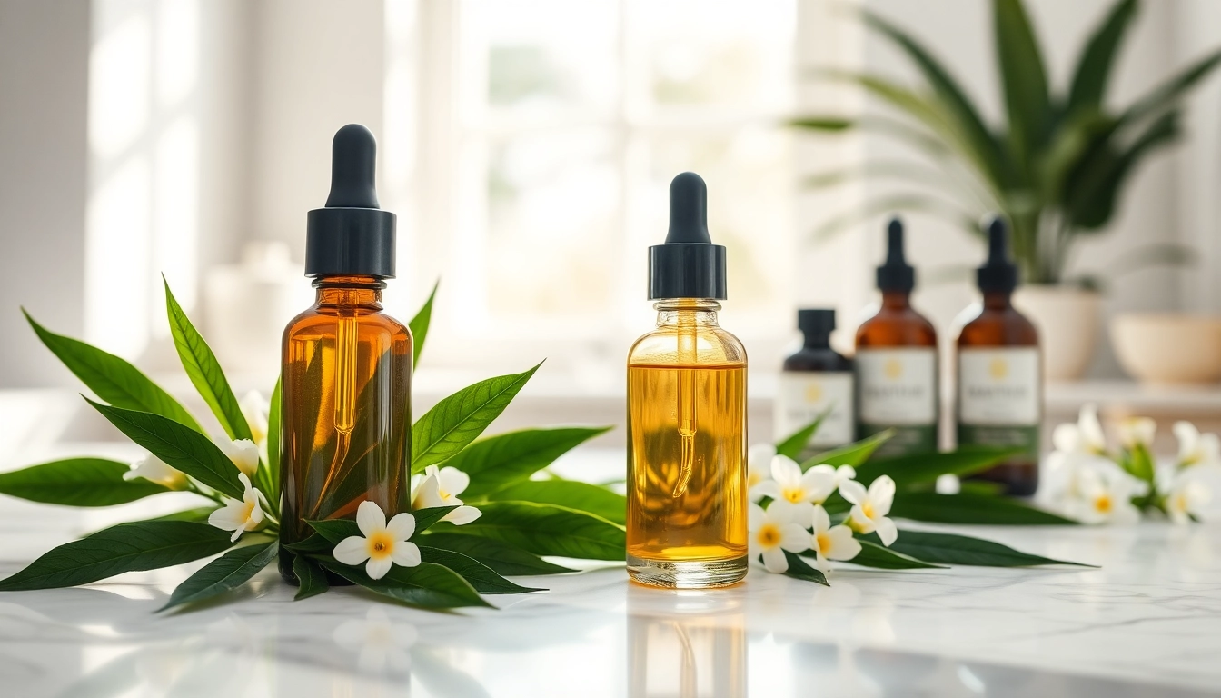 Using CBD oil for skin showcased with elegant skincare products and natural elements.