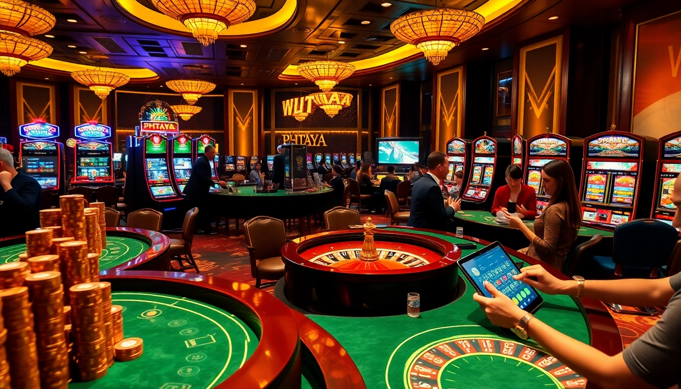 PHTAYA players enjoying an exciting casino experience with vibrant slot machines and poker games.