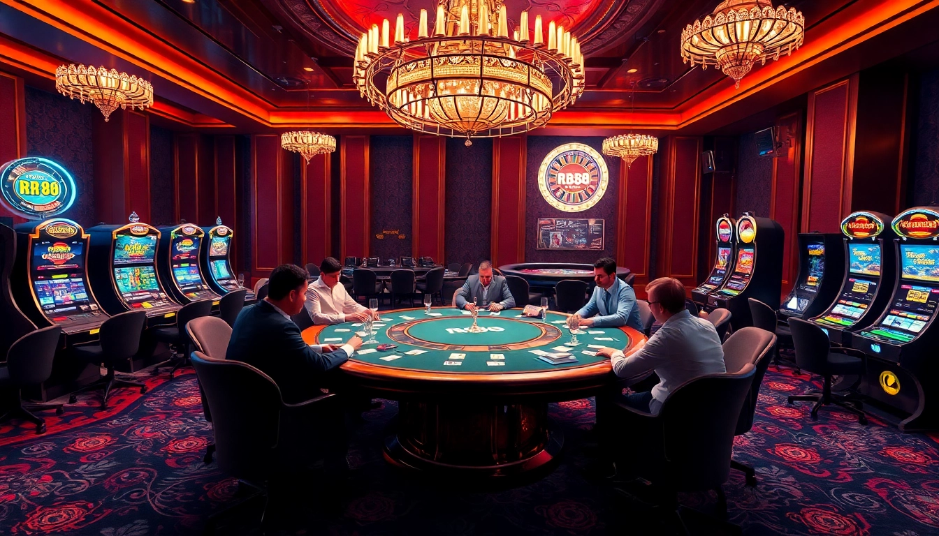 Experience the excitement of RR88 with players at a professional poker table in a luxurious casino setting.