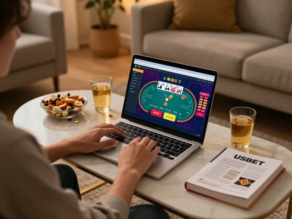 Play poker on USBET from home using a laptop, enhanced with cozy ambient decor and gaming strategy notes.