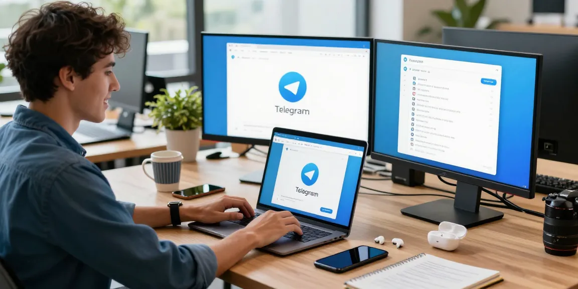 Using Telegram Web Version in a vibrant co-working space with modern tech.