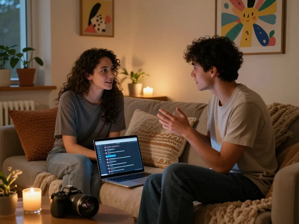 Engaging couple deeply involved in NSFW AI chat, cozy ambiance with intimate lighting.