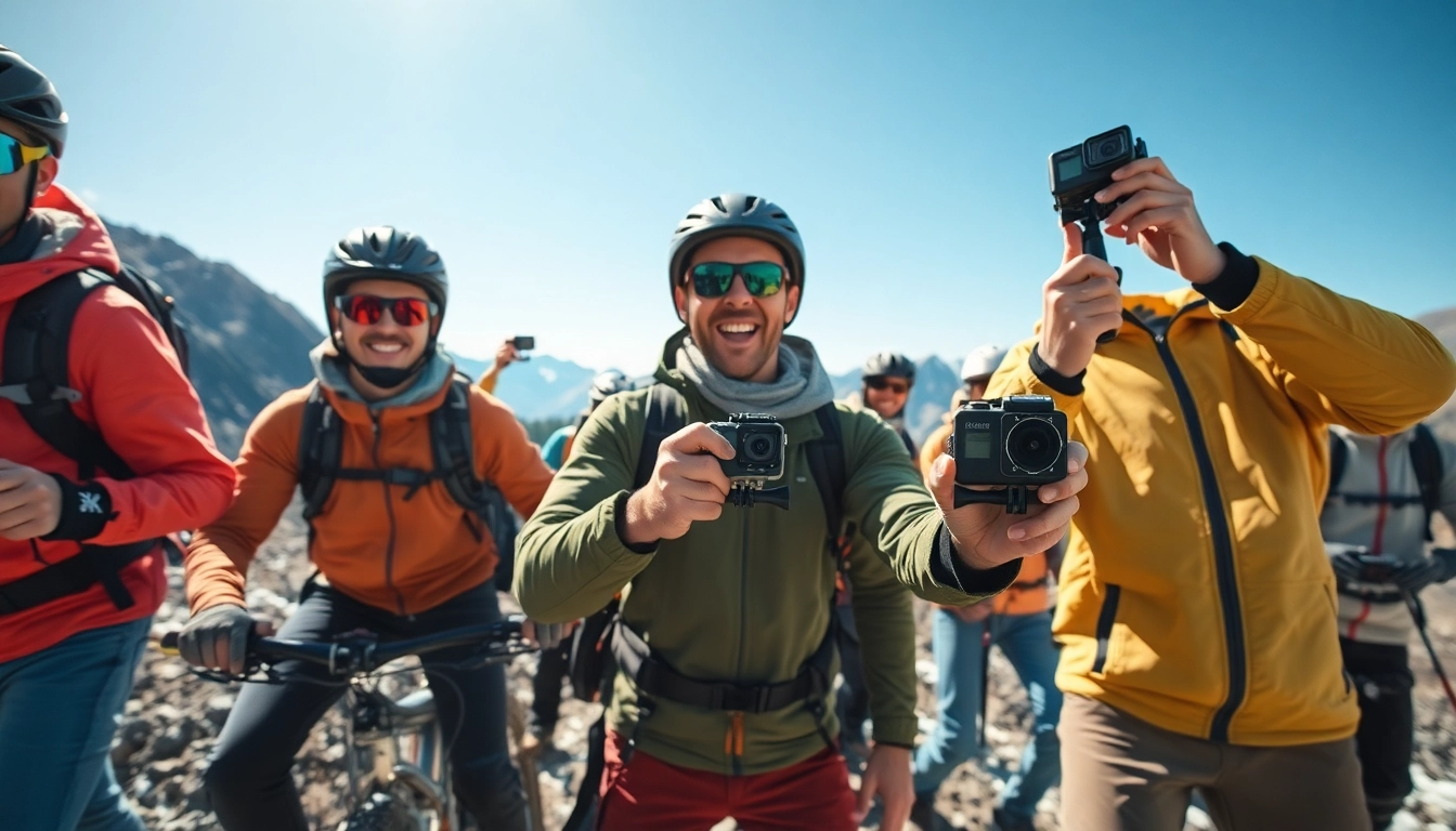 Adventurers using action cameras in a stunning mountain landscape, showcasing durability and 4K features.