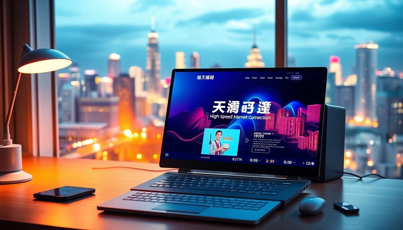 快连官网 interface displayed on a modern laptop, showcasing global internet connectivity and professional setup.