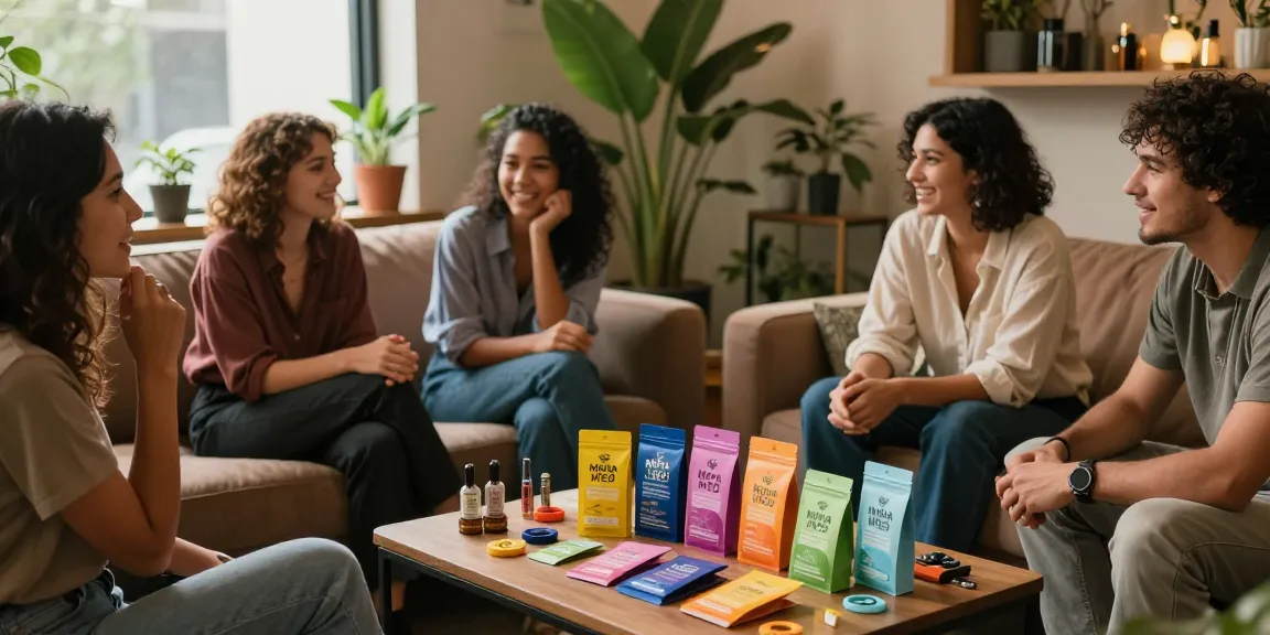 Friends enjoying Muha Med cannabis products in a cozy lounge setting.